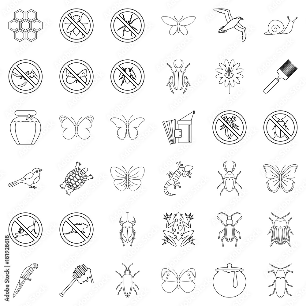 Insect icons set, outline style