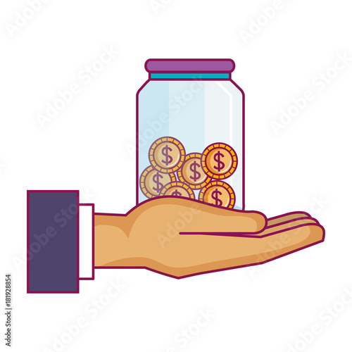 hand saver with glass jar and coins money vector illustration design