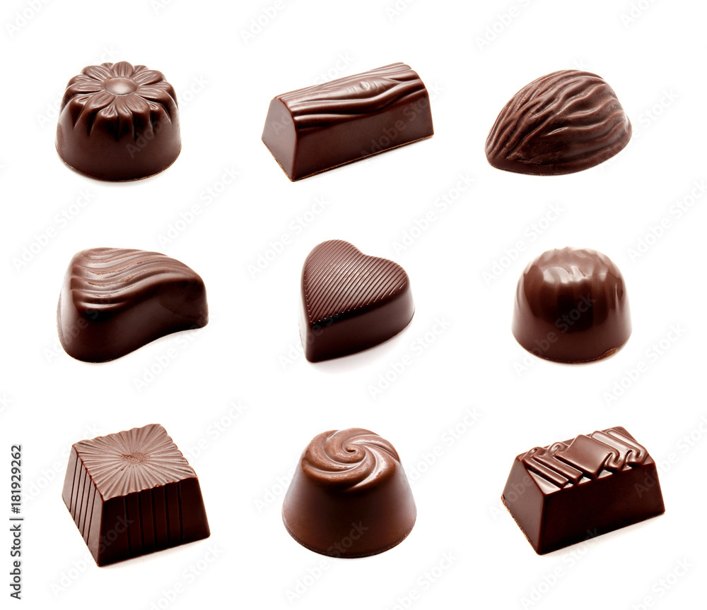 Collection of photos assortment of chocolate candies sweets isolated Collection of photos assortment of chocolate candies sweets isolated