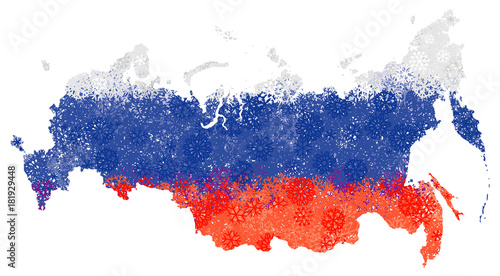 Photo Map and flag of Russian federation with snowflakes