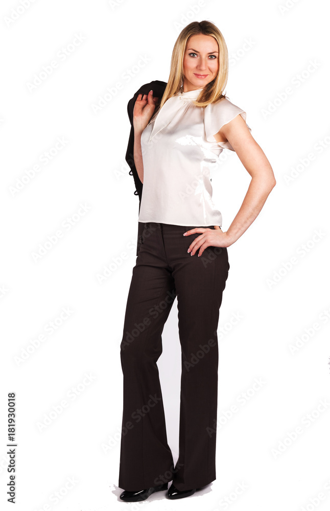 Business woman blue suit dressed standing against white background. Copy space. Business woman blue suit dressed standing against white background. Copy space.