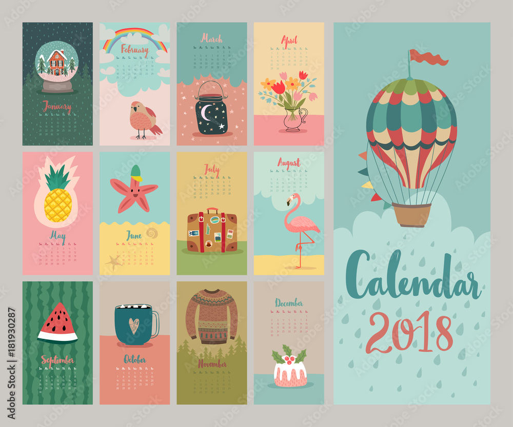 Calendar 2018. Cute monthly calendar.