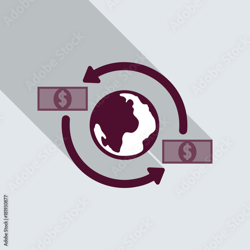 Money transfer icon. Around the globe money transfer vector icon. Money revolves around glove. Fast money transfer icon. Transfer icon.