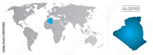 Algérie dans le monde, avec frontières et tous les pays du monde séparés