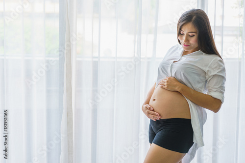 Free Download Beautiful pregnant woman standing and hand touch belly at living room. concept of pregnancy, family and lover relation. - GFXLoad