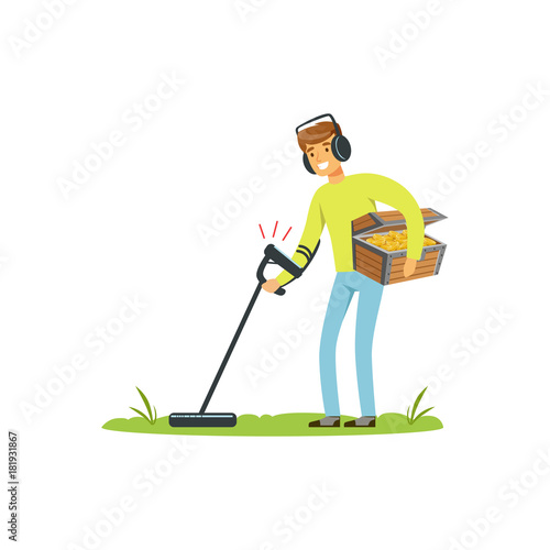 Treasure seeker with metal detector and old treasure chest