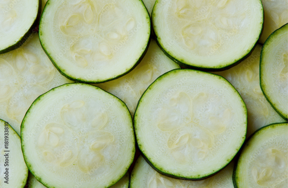 Many zucchini slice full frame. Many zucchini slice full frame.
