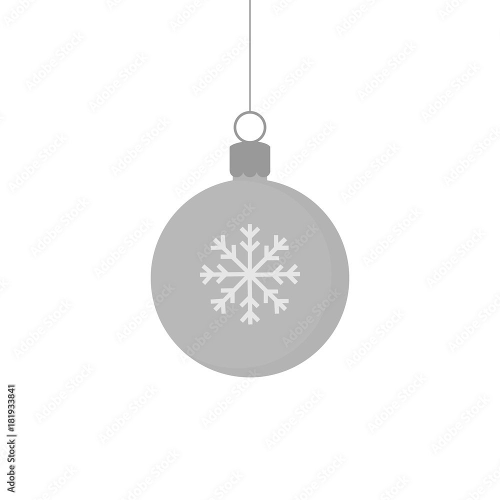 Fototapeta premium Christmas silver grey ball ornament vector illustration. Festive ball with snowflake. Hanging on a string.