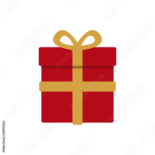 Red wrapped christmas gift with gold ribbon. Gift box vector illustration isolated on white background.