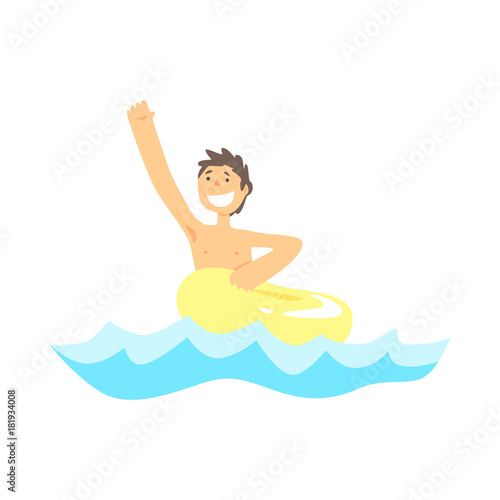Happy kid having fun with yellow rubber swim ring