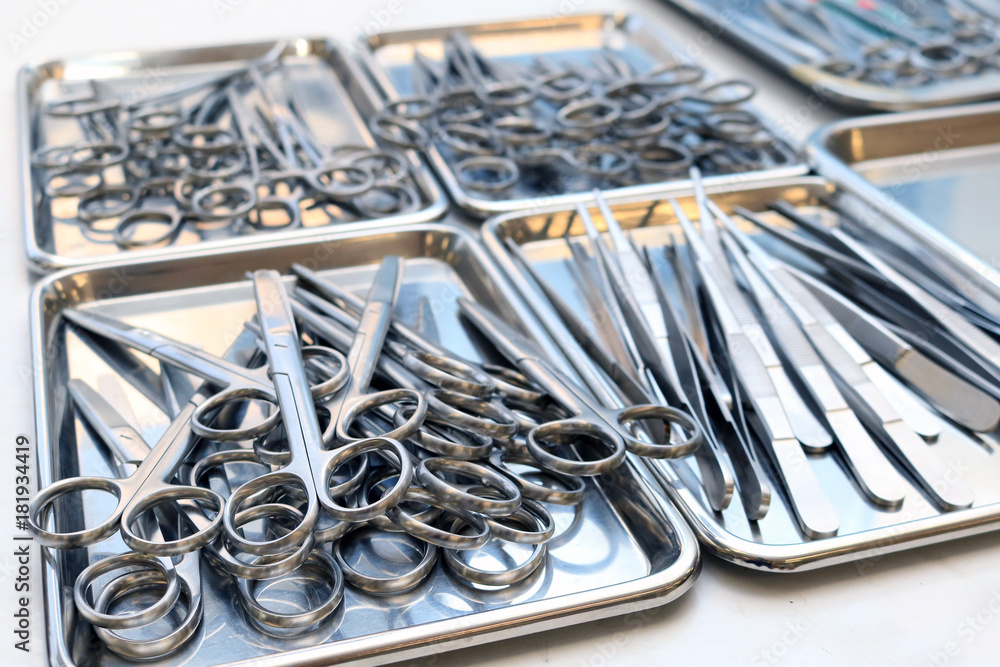 Surgical instruments and tools in medical classroom for training - selective focus Surgical instruments and tools in medical classroom for training - selective focus