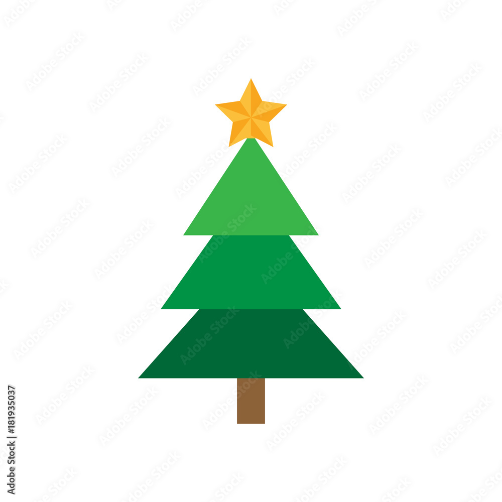 Christmas tree with star. Festive xmas tree vector graphic icon. Green christmas conifer tree with golden star on top.