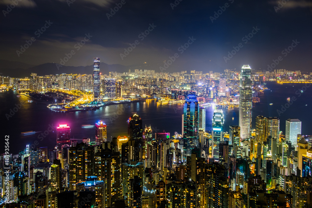 Hong Kong at night viewed from Victoria Peak .  Can see the major business buildings such as Two IFC, Bank of China, Far East Finace Centre, Cheung Kong, Jardine House, The centre,