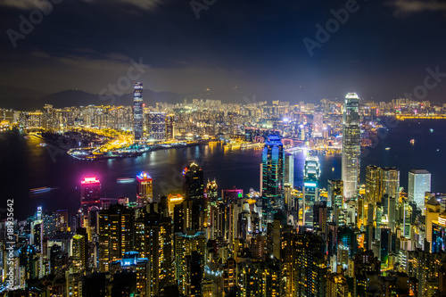 Hong Kong at night viewed from Victoria Peak . Can see the major business buildings such as Two IFC, Bank of China, Far East Finace Centre, Cheung Kong, Jardine House, The centre,