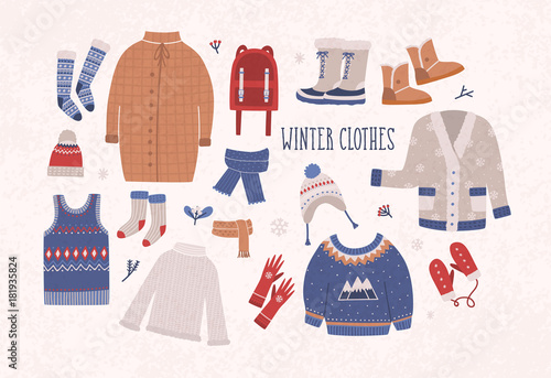Collection of winter clothes and outerwear isolated on light background - woolen jumper, cardigan, coat, snow boots, scarf, hat, mittens. Bundle of seasonal clothing. Colorful vector illustration.