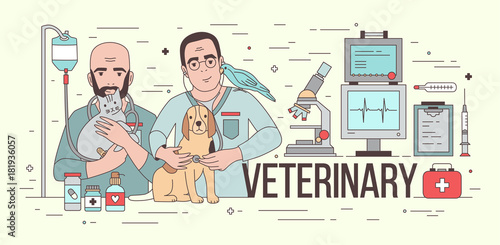Horizontal banner with medical equipment and two smiling veterinarians holding domestic animals. Pair of friendly vets with pets. Colorful vector illustration for veterinary clinic advertisement.