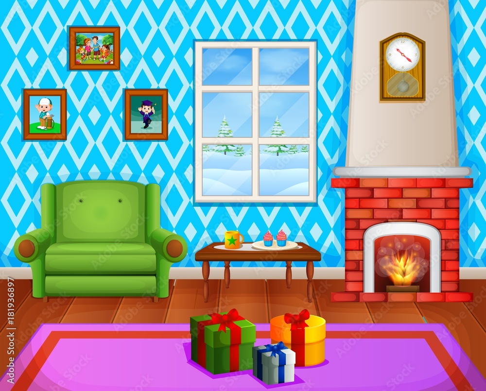 Christmas living room with a tree and fireplace Christmas living room with a tree and fireplace