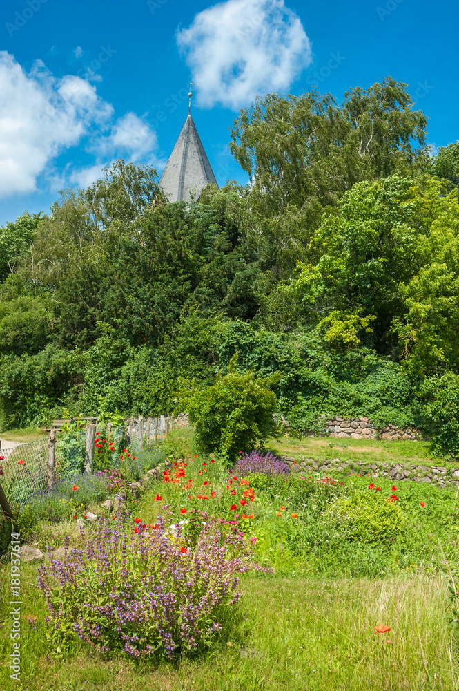 Kräuter und Blumengarten mit dem Turm der Basilika in Altenkrempe Stock