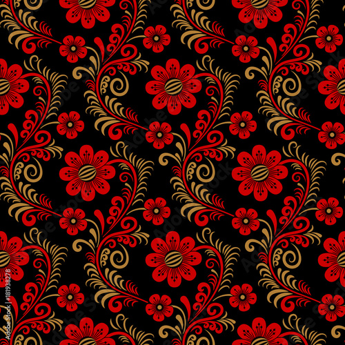 Floral seamless pattern in traditional russian style. Khokhloma painting. Vector Illustration