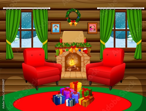Christmas living room with a tree and fireplace