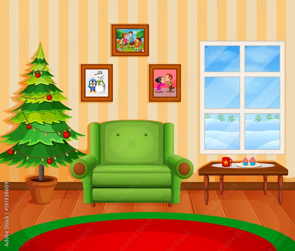 Fototapeta premium Christmas living room with a tree and fireplace