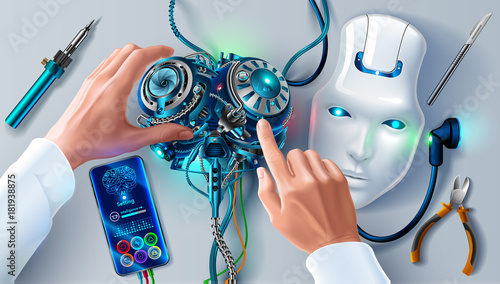 Man repairing robot. Scientist engineer designs brain, settings artificial intelligence humanoid robot. Robot head on your desktop. Hands of the scientist in white coat program cybernetic brain.