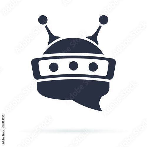 Chatbot icon. Bot sign design. Chat bot logo concept. Robot head in speech bubble. Online support service bot.