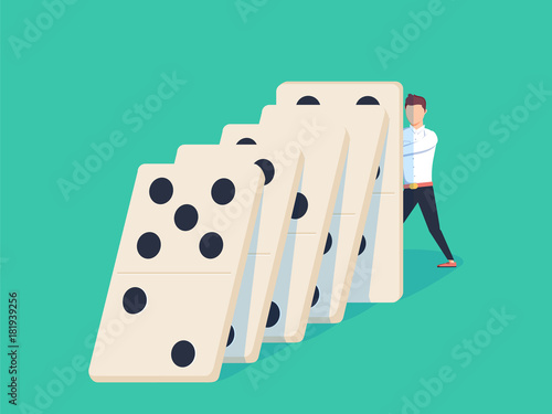 Flat style businessman trying to stop falling domino. Business crisis management and solution concept.