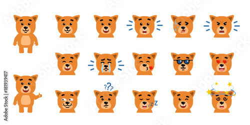 Set of funny yellow puppy emoticons showing different emotions. Happy, sad, angry, dazed, sleep, shocked, tired, in love and other emotions. Flat style vector illustration