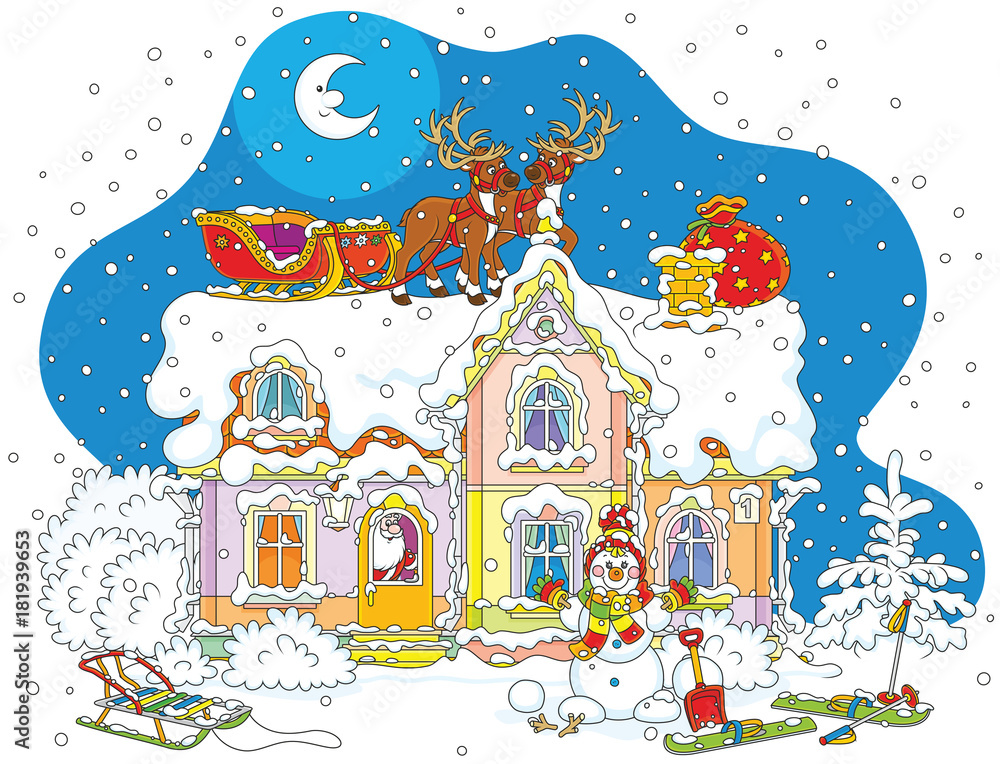 The night before Christmas, Santa Claus with gifts in a house, his sledge with magic reindeers on a snow-covered housetop