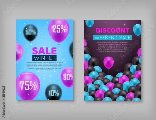 Pair cards, black Friday sale. Winter and week sale in the form of black and pink balls on a blue and red background. Vector illustration of flyers for seasonal shopping