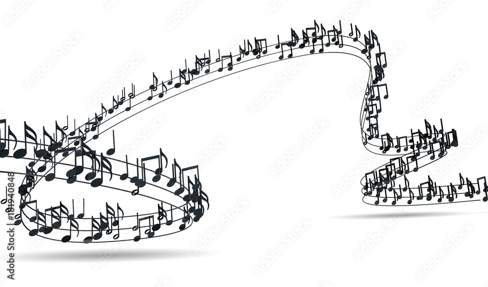 Fondo musical 3d.Clave de sol y partitura.Diseño musical,notas musicales sobre fondo blanco.Arte y creación de música