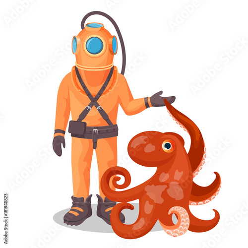 Deep sea diver in pressure suit holds sea devil fish and octopus