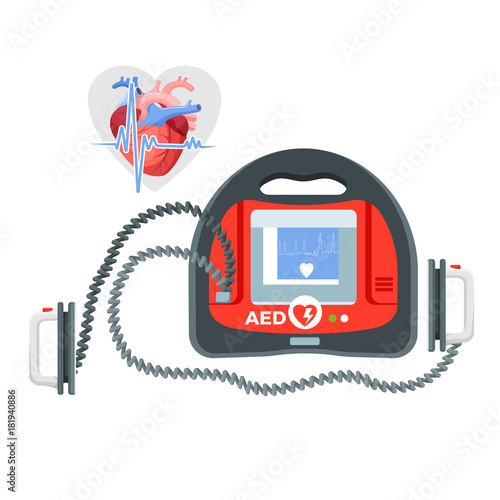 Modern portable defibrillator with small screen and heart illustration