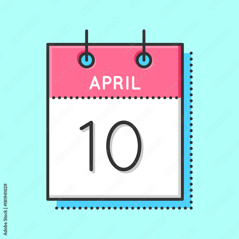 April Calendar Icon. Flat and thin line vector illustration. Spring calendar sheet on light blue background. April 10th April Calendar Icon. Flat and thin line vector illustration. Spring calendar sheet on light blue background. April 10th