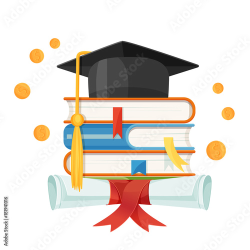 Mortarboard cap on piles of textbooks and diploma scroll