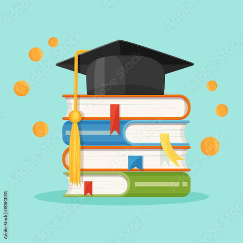 Degree square cap on piles of textbooks vector illustration