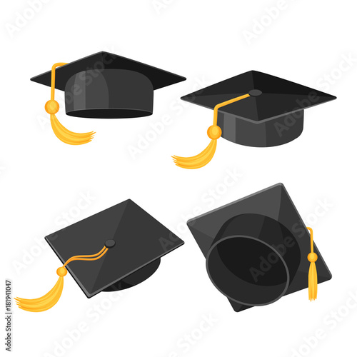 Set of mortarboard caps with golden tassels from different sides