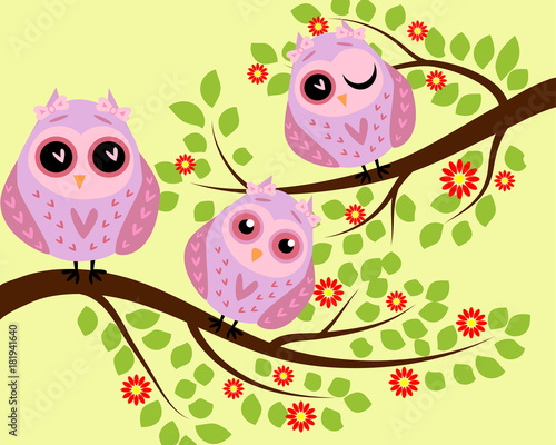 Bright cute cartoon owls sit on the flowering branches of fantastic trees