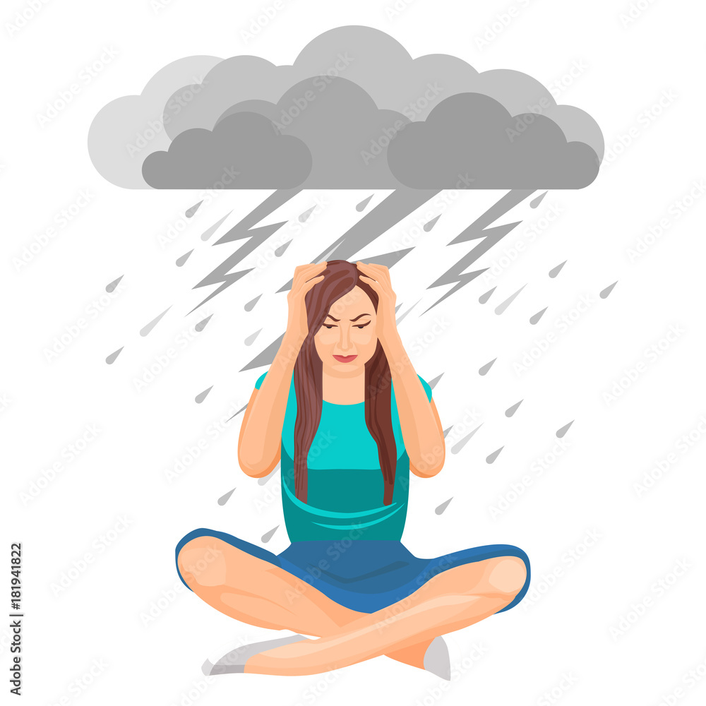 Depressed woman with tangled feelings on vector illustration