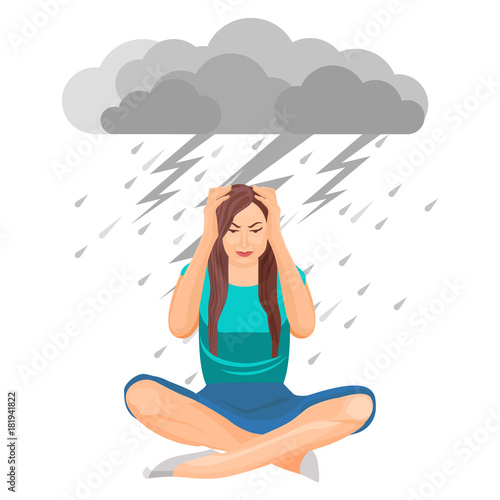 Depressed woman with tangled feelings on vector illustration