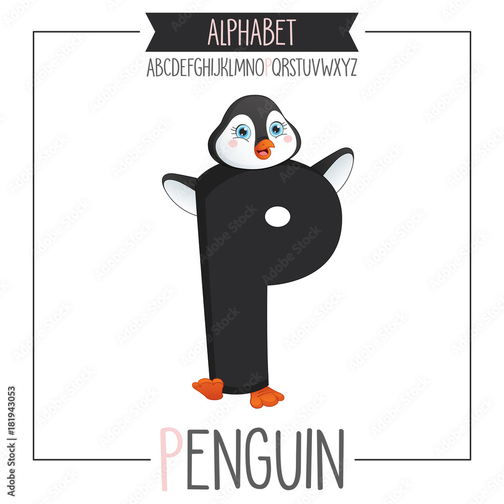 Illustrated Alphabet Letter P and Penguin Illustrated Alphabet Letter P and Penguin