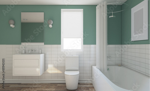 Modern bathroom with large window. 3D rendering.. Empty picture.