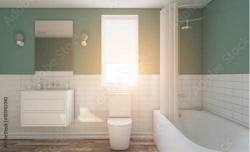 Wallpaper Mural Modern bathroom with large window. 3D rendering.. Lights in the window. Torontodigital.ca