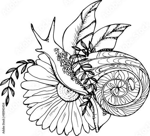 An illustration of a snail crawling through a flower. Black and white drawing