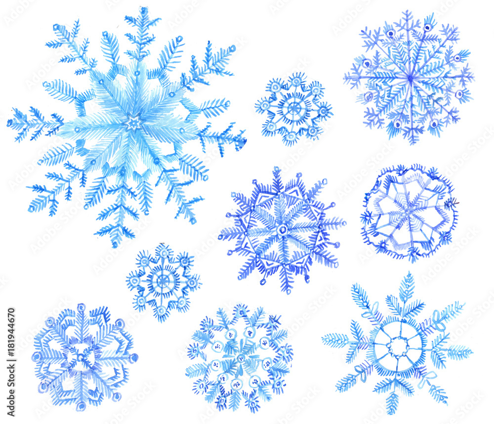 Set of watercolor snowflakes. Cristmas illustration on white background Set of watercolor snowflakes. Cristmas illustration on white background