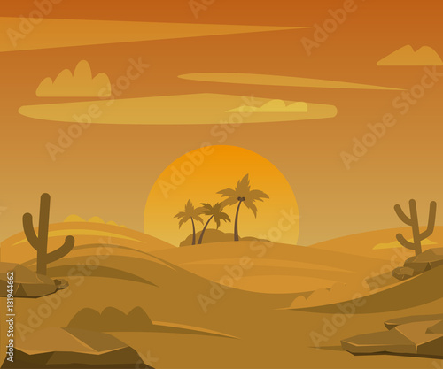 Landscape of dry desert with palms on the horizon. vector. design element