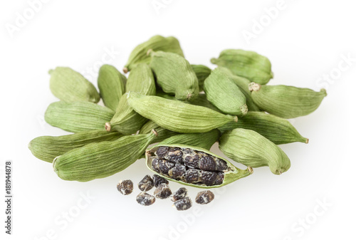 Green cardamon pods isolated on white background