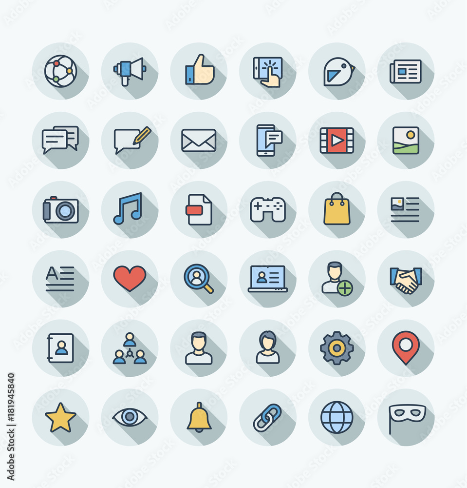 Vector thin line icons set and graphic design. Social media, network outline symbols illustration. Like, video content, message, comment, subscribe, profile, views, followers flat color pictogram Vector thin line icons set and graphic design. Social media, network outline symbols illustration. Like, video content, message, comment, subscribe, profile, views, followers flat color pictogram