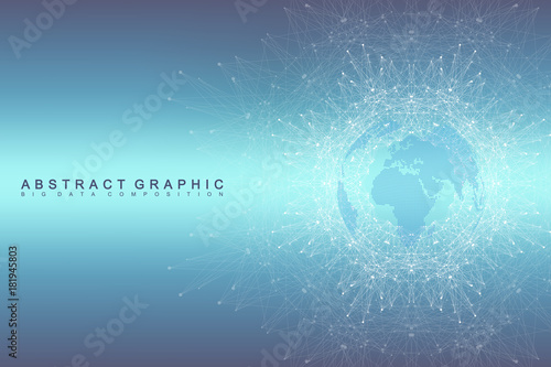 Geometric graphic background communication. Global network connections. Wireframe complex with compounds. Perspective backdrop. Digital data visualization. Scientific cybernetic vector.